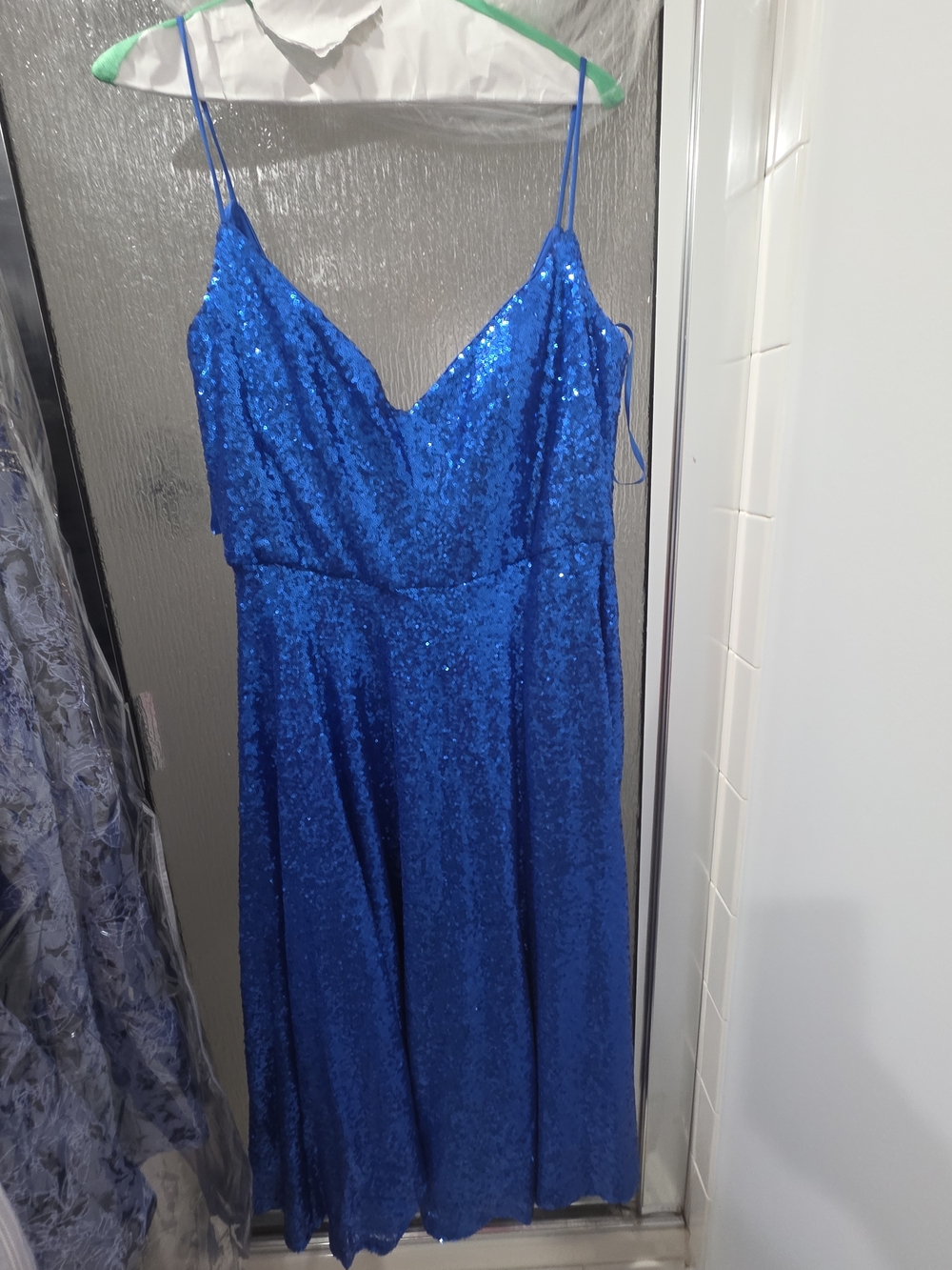 La Femme Royal Blue Sequin Midi Slip Dress